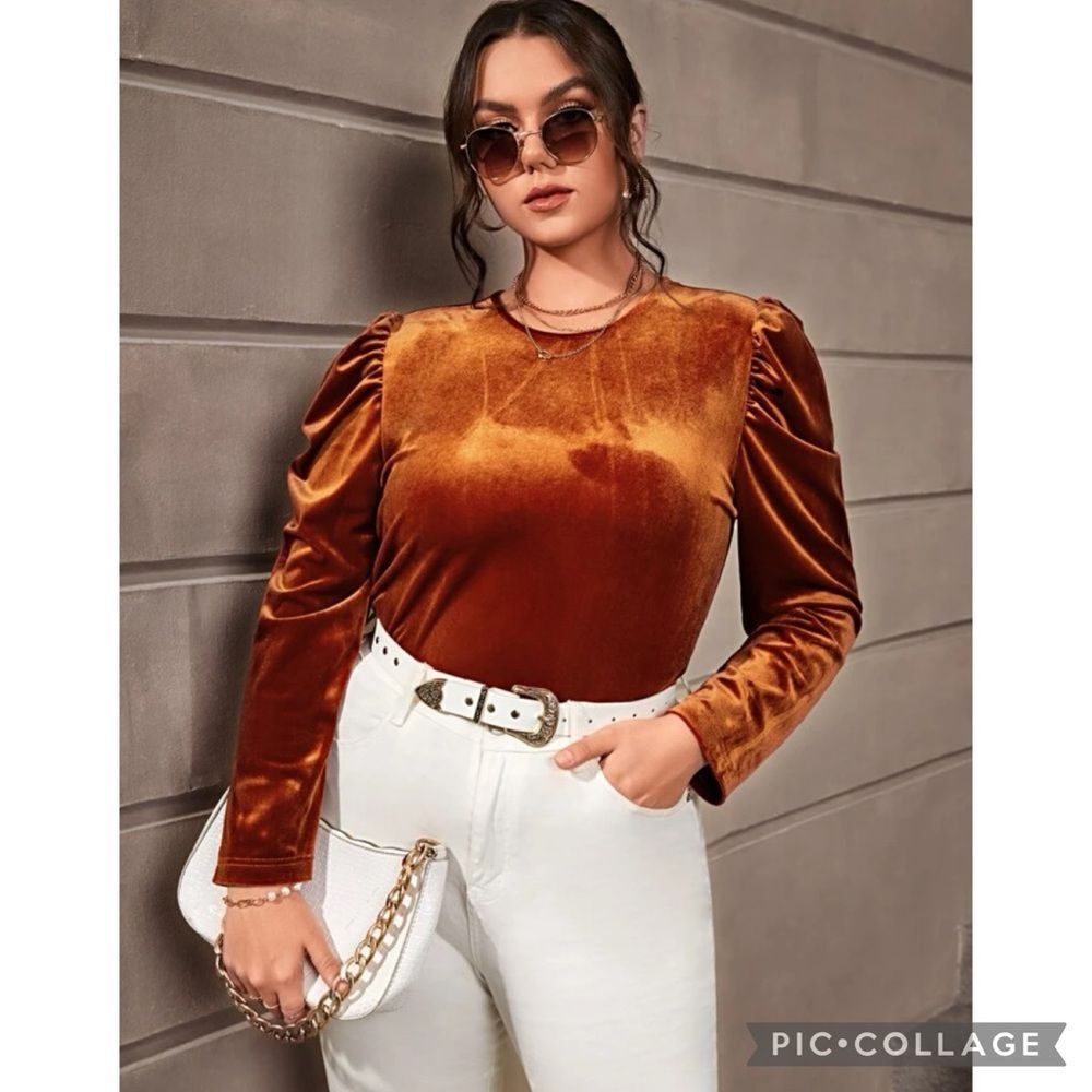 Boho Western Plus Size Long Sleeve Rust Velvet Puff Sleeve Top